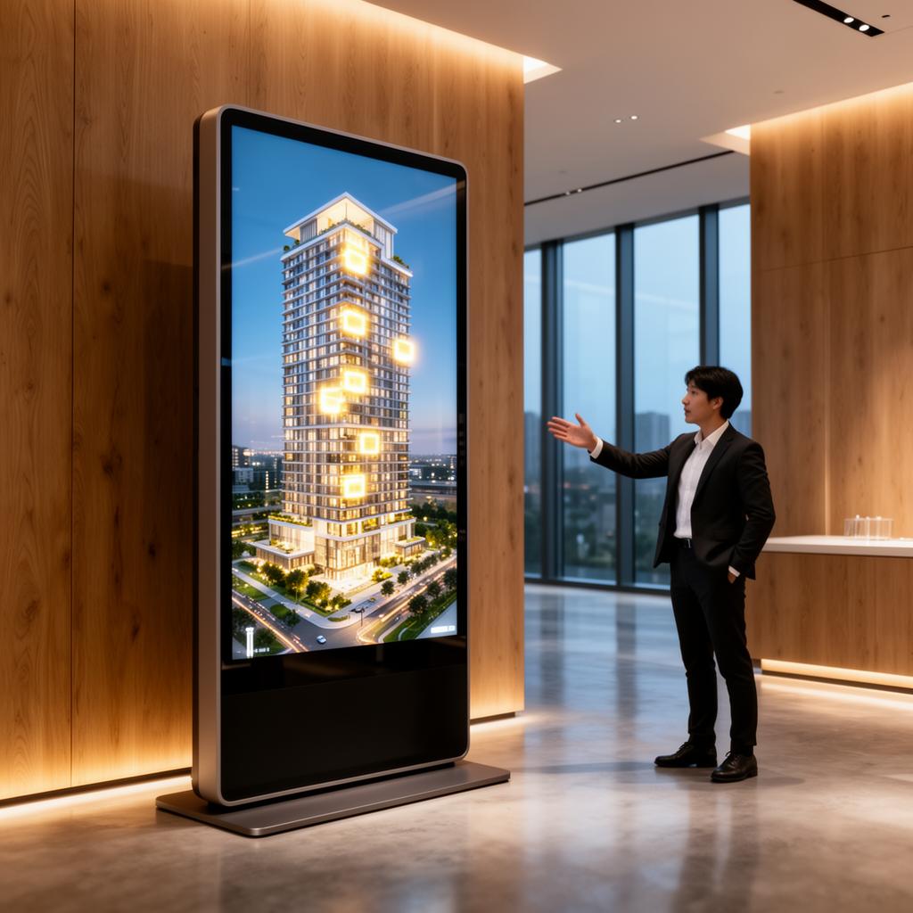 Premium sales showroom with interactive touchscreen kiosk displaying a 3D property floor plan