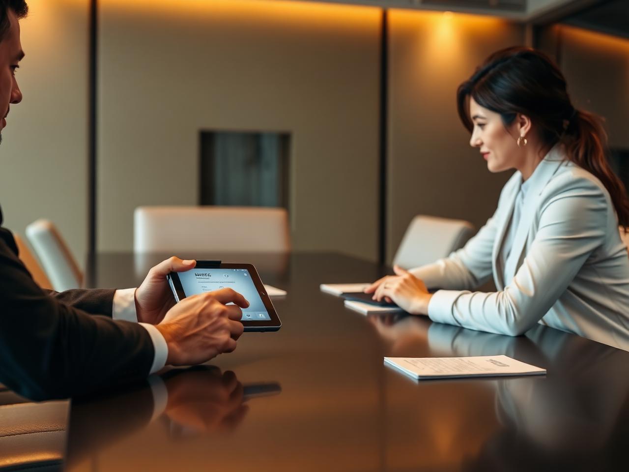 Broker presenting a real estate project to an investor on a tablet