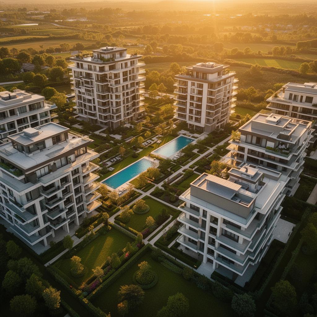 Aerial drone photograph of a luxury real estate development at golden hour