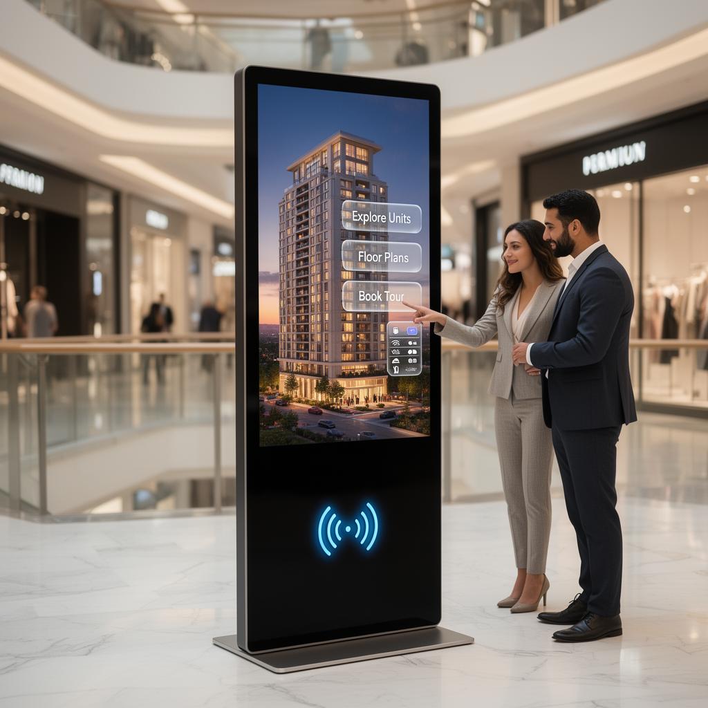 Freestanding touchscreen kiosk in a sales lobby