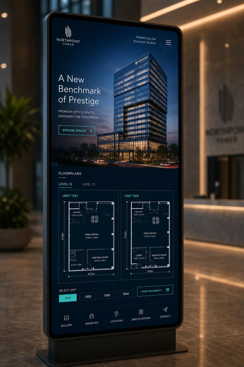 Touchscreen kiosk in lobby