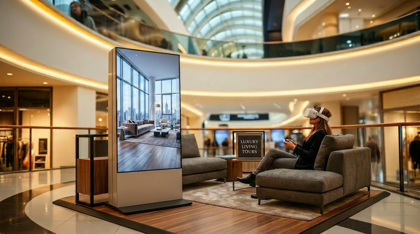Pop-up real estate activation with a kiosk and VR headset in a shopping mall