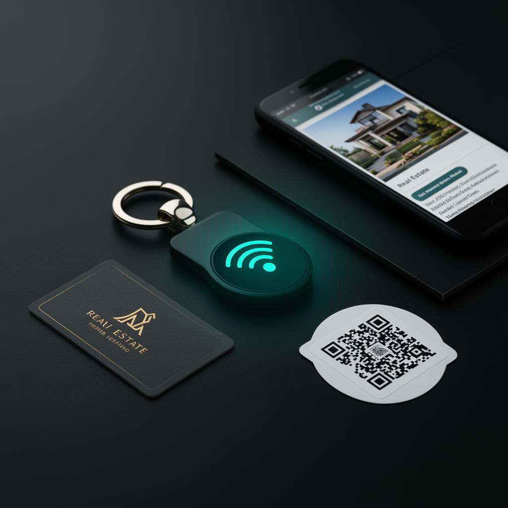 NFC keychain, business card, sticker and QR code on a dark surface