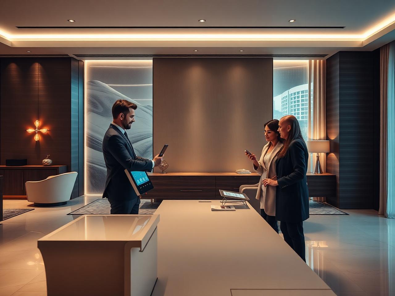 Sales agent presenting a project on a tablet in a premium sales suite