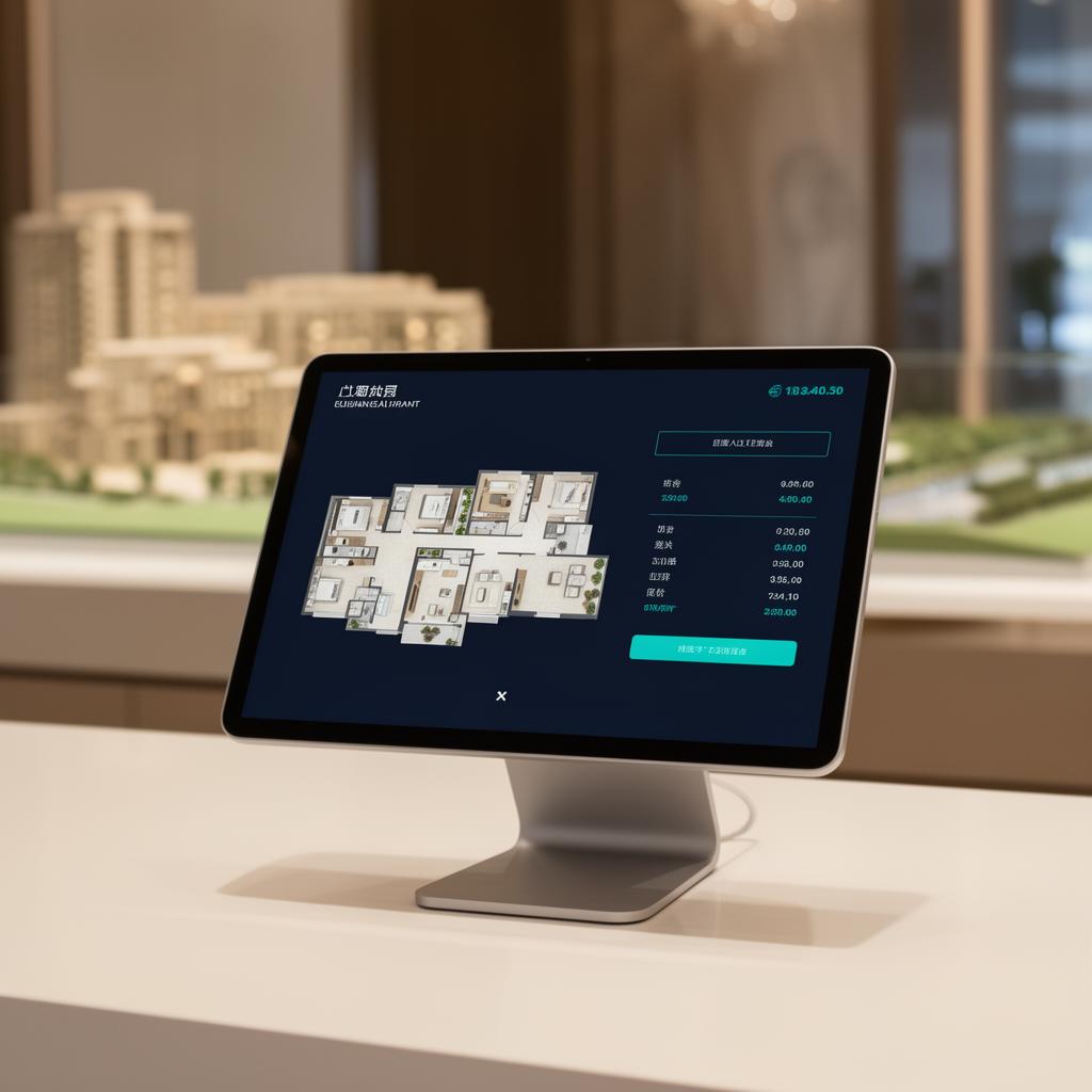 Showroom tablet displaying a property browsing interface
