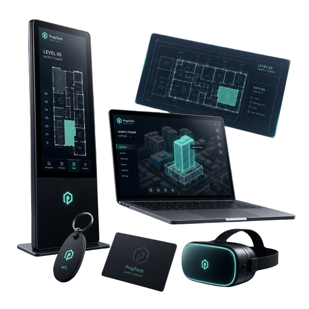 Smart Sales Spaces ecosystem: kiosk, laptop, VR headset, NFC keychain, business card and floorplan